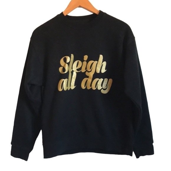 BRUNETTE the Label "SLEIGH ALL DAY" Classic Crew Neck Sweatshirt Gold Glitter - Picture 3 of 10